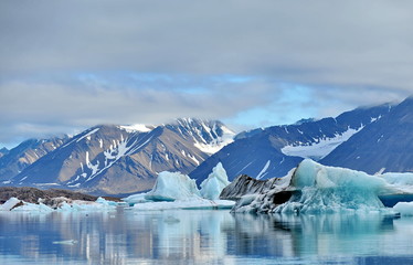 Blue ice drifting iceberg. Landscape of the Svalbard archipelago. - obrazy, fototapety, plakaty