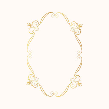 Hand drawn elegant oval golden frame. Gold royal border.  Vector isolated swirl monogram. Classic wedding invitation template.
