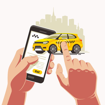 Order a yellow taxi car via an app on a smartphone in one touch. The finger carries the cab directly to the destination.
