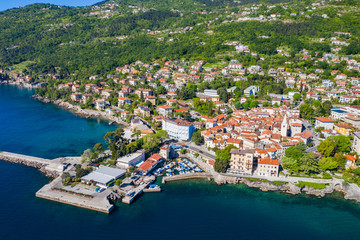 Croatia, Adriatic coast, beautiful old town of Lovran, historic center and coastline aerial view, Kvarner bay
