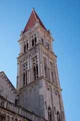 Fototapeta na wymiar Cathedral tower in Trogir, port and historical city on the Adriatic sea coast, Split-Dalmatia region, Croatia, Europe.