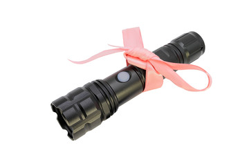 Black led water proof gift zoom flashlight with pink ribbon isolated on white background