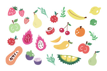 Hand drawn set with colorful doodle fruits. Sketch style vector collection. Flat icons: pear, apple, strawberry, lychee, apple, lime, banana, papaya, mango, cherry, dragon fruit, mangosteen on white.