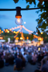 Detail einer Glühlampe bei einer großen Gartenparty. Stimmungsvolle Abendaufnahme-