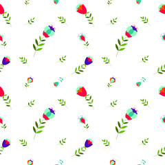 Seamless flower pattern. Flat botanical ornament with minimalistic elements in bright palette. Simple vector repeating texture. Modern swatch. Nature background for textile, print and any your design.