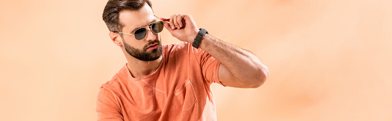 panoramic shot of stylish young man posing in shorts, summer t-shirt and sunglasses on beige