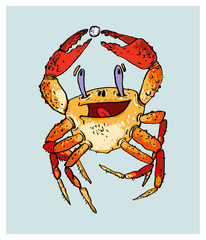 Cheerful crab has found a pearl. Color vector illustration. Can be used in social networks, for articles, publications, postcards, print, poster, sticker, on a T-shirt.