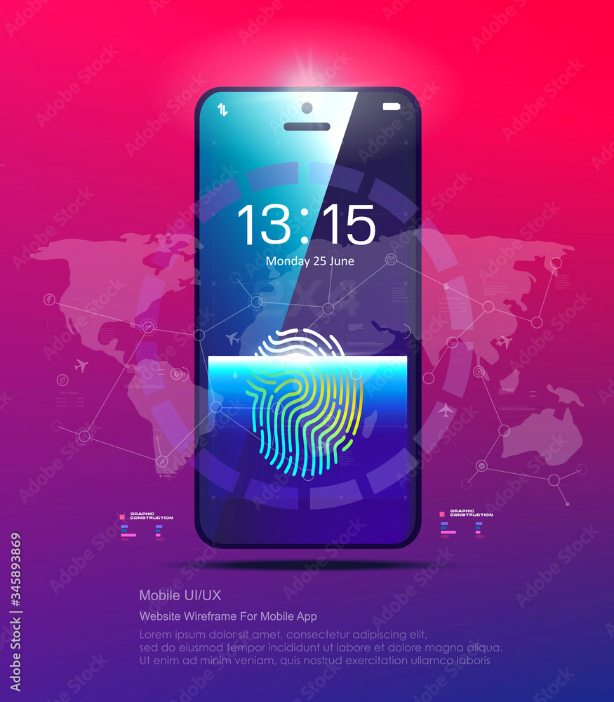 Poster touchscreen smartphone with fingerprint app. protect your data around the world. secure access to yo