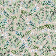 Watercolor seamless pattern of twigs and flowers of apple tree on a beige background