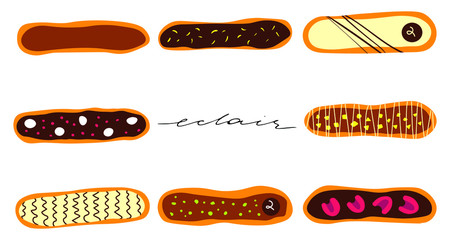 Chololate eclairs set with hand written typography. French dessert with juicy glaze and modern decor. Delicious pastry, baked sweets. Top view food concept of confectionery art, french bakery shop.