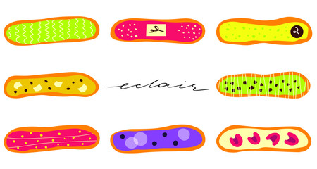 Colorful eclairs set with hand written typography. French dessert with juicy glaze and original decor. Delicious pastry, baked sweets. Top view food concept of confectionery art, french bakery shop.