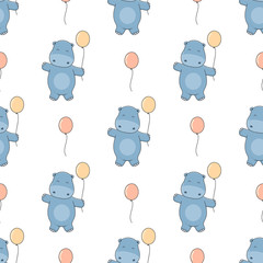 Seamless background cute little hippo with balloons. Vector illustration in cartoon style.