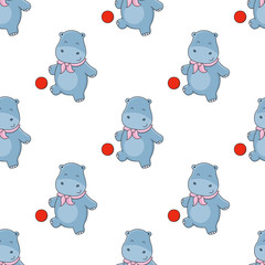 Seamless background with little hippo playing ball. Cute hippo vector illustration.