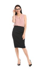 Fototapeta premium Beautiful young secretary on white background