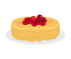 Pile of Pancakes or Crepe Served on Plate with Berry Jam on Top Vector Illustration