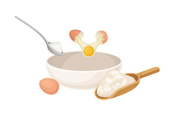 Mixing of Ingredients for Cooking Pancakes with Flour and Eggs Vector Illustration