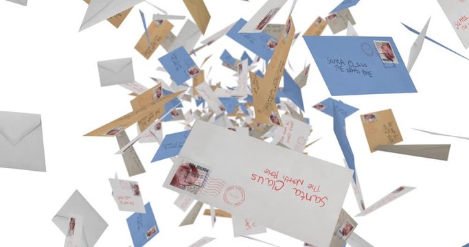 A fly through through a collection of envelopes  addressed to santa claus on falling in slow motion an isolated background