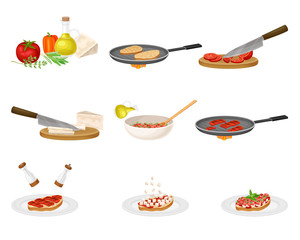 Bruschetta Preparation with Ingredients and Cooking Process Steps Vector Set