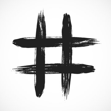 Hashtag hand drawn brush stroke dirty art symbol icon sign isolated on white background. Black and white composition of the symbol hashtag.