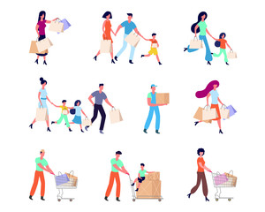People with shopping set. A family with children and packages goes shopping center woman with grocery car bags man with heavy load car and child, courier parcel. Vector flat graphics.