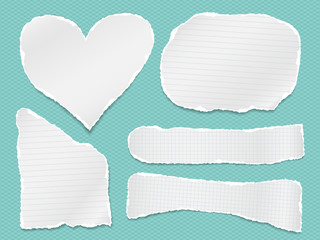 Torn of white note, notebook lined, squared paper strips, pieces stuck on turquoise background. Vector illustration