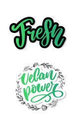vector collection of bright stickers, emblems logo and labels for lemon and orange fresh citrus juice with lettering composition