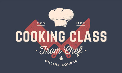 Food logo. Logo for Cooking school class with icon butcher knives, cleaver knife, chef knife, text typography Coocking Class from Chef. Graphic logo template for cooking course. Vector Illustration