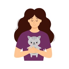 Girl with closed eyes gently hugs a cute cat. Vector. Flat cartoon style.