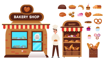 Baking shop online. Confectioner sells buns cakes bread bagel cookies cake pretzels stall with showcase finished fresh products rack basket bakery products. Cartoon vector graphics.