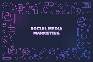 Fototapeta premium Social Media Marketing vector colored concept linear illustration or frame on dark background