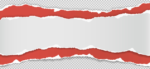 Torn, ripped pieces of horizontal white and red paper with soft shadow are on squared grey background for text. Vector illustration
