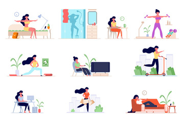 set of daily routine woman. Awakening in the morning, morning exercises, bathing in the shower, breakfast , office work, shopping, watching TV, skateboarding, sleeping. Vector graphics in flat style.