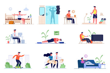 A set of daily routine men. Awakening in the morning, morning exercises, bathing in the shower, breakfast , office work, shopping, watching TV, skateboarding, sleeping. Vector graphics in flat style.