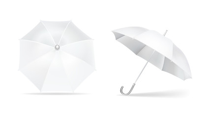 Umbrella white mockup. Brand parasol round with polished handle from sun rain top and side view, seasonal protective fabric symbol protection any weather. Vector mockup isolated on white.