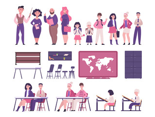 Schoolchildren and teachers classroom set. Talking teachers and joyful children elementary high school, together and their desk world map chairs wardrobe documents bookshelf. Vector clipart graphic.