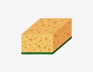 Sponge isometric household needs. Paralon yellow isometric sponge for cleaning dishes, bathtubs, tables, vector cleaning housessistant eliminate dust, dirt, wet cleaning, sanitary clipart cleaning.