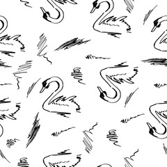 seamless pattern with ink flourish swan. vector iilustration.