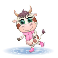 Cow on skates flat vector animal, lovely cow skating, brown cow making winter sport, outdoor winter activity
