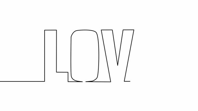 Self drawing animation of continuous one line drawing of isolated object - word text love cursive
