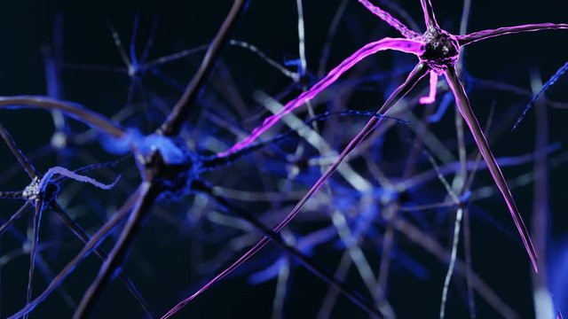 Abstract brain  neuron cells with link knots. Synapse and neuron cells sending electrical chemical signals. Interconnected neurons with electrical pulses, 3D illustration