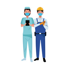 couple workers using face masks for covid19