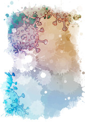 SARS-CoV-2 virion schematic representation. A4 Temlate for card, blank or brochure cover. Colored sketch isolated on watercolor textured background. EPS10 vector illustration