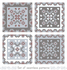 Set of seamless patterns. Fancy frame with hearts. White, grey, light blue, and burgundy color . Vector