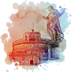 Hadrian's Mausoleum or Castle of the Holy Angel in Rome, Italy. Vintage design. Linear sketch on a watercolor textured background. EPS10 vector illustration