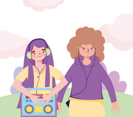young women cartoon with boombox and earphones listening music in the park