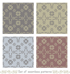 Set of seamless patterns with little hearts. Color light blue, light green, grey and burgundy red . Vector.