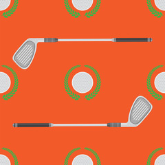 Golf Ball with Stick Icon and Laurel Seamless Pattern on Red Background.