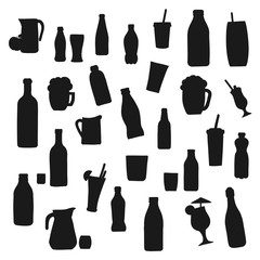 Alcohol and soft drink bottle vector silhouette icons. Bottles and cocktail glasses, fruit juice pitcher, soda cup with drinking straw, smoothie and milkshake, champagne and wine bottle silhouettes