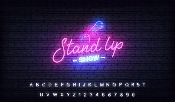 Stand up comedy show neon template. Stand up lettering and glowing neon microphone