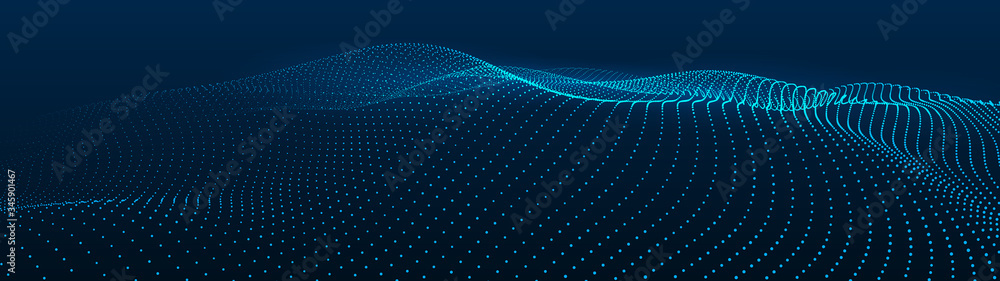 Poster abstract gradient dynamic wave of particles. network of bright points or dots. big data. digital bac